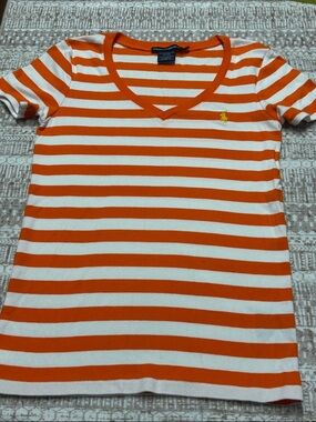 Ralph Lauren Sport Orange & White Striped V-Neck Tee